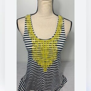 THML Anthropologie navy white striped tank top with yellow embroidery MED